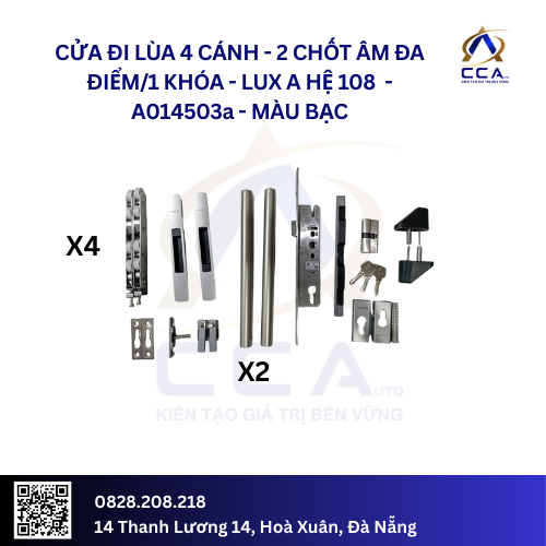 Cửa Đi Lùa 4 Cánh 2 Chốt Âm Đa Điểm/ 1 Khóa - Lux A Hệ 108 - A014503 - (Combo)